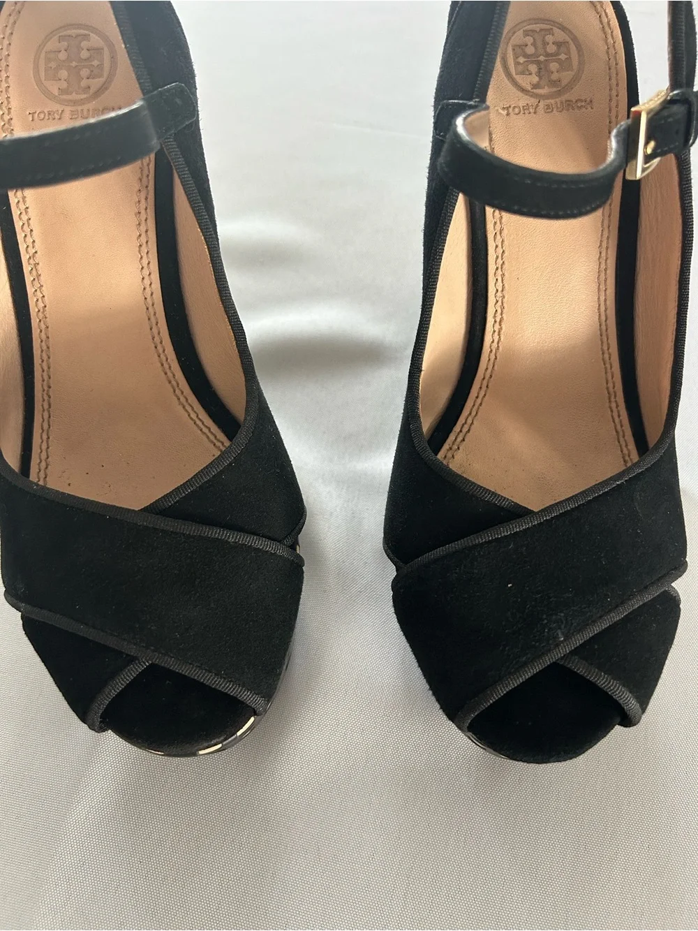 Tory Burch Ollie Black Suede Polka-Dot Platform Wedges EUC